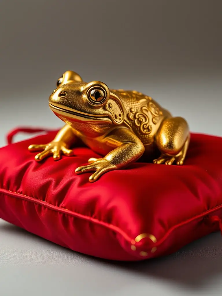 A close-up studio shot of a golden toad figurine ('金蟾') on a red silk cushion, emphasizing its intricate details and glossy finish, used to represent wealth and prosperity in the 188free's collection.