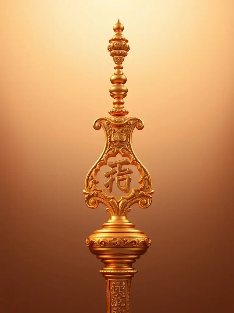 A close-up shot of a golden Ru Yi scepter, showcasing its intricate carvings and smooth, polished surface, symbolizing power and good fortune in 188free's collection.