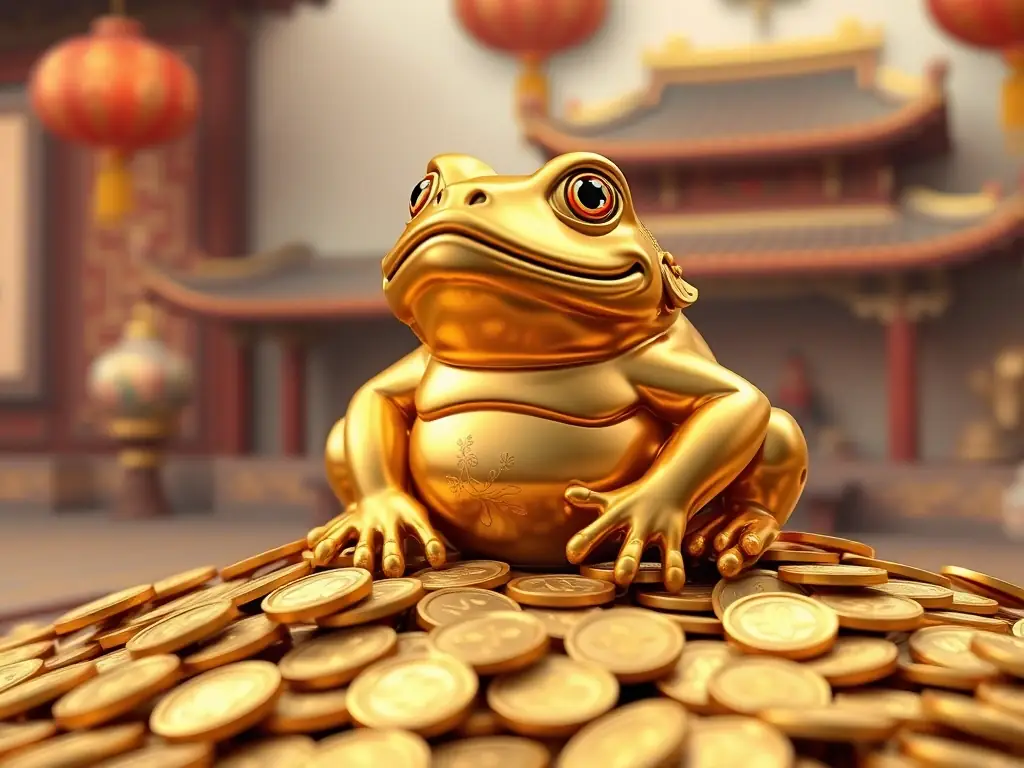 A close-up shot of a golden toad figurine, intricately detailed, sitting on a bed of coins, symbolizing wealth and prosperity in Chinese culture. The background is a soft, blurred image of a traditional Chinese home.