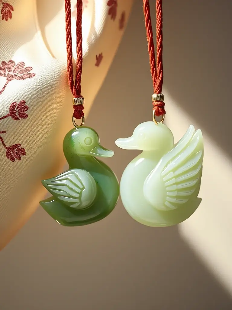 A pair of jade pendants carved in the shape of mandarin ducks, symbols of marital happiness and fidelity in Chinese culture, displayed on a silk brocade with a subtle floral pattern.