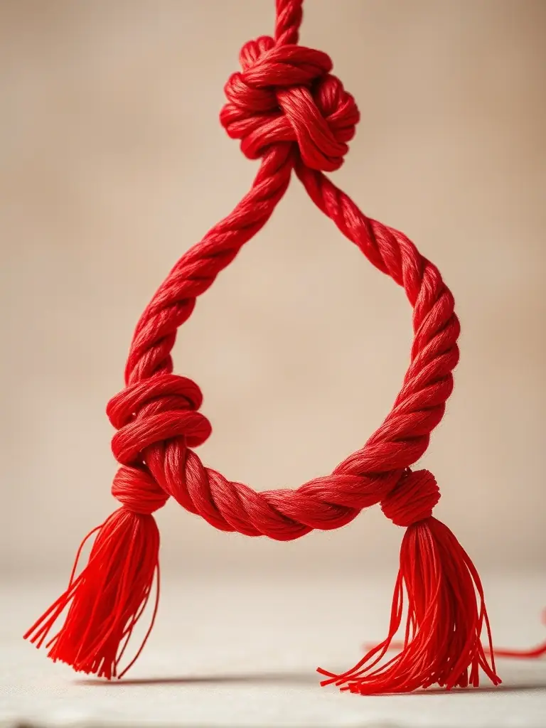 A close-up studio shot of a meticulously crafted '同心结' (knot of unity) made of vibrant red silk threads, symbolizing eternal love and commitment, set against a soft, blurred background to emphasize its intricate details.