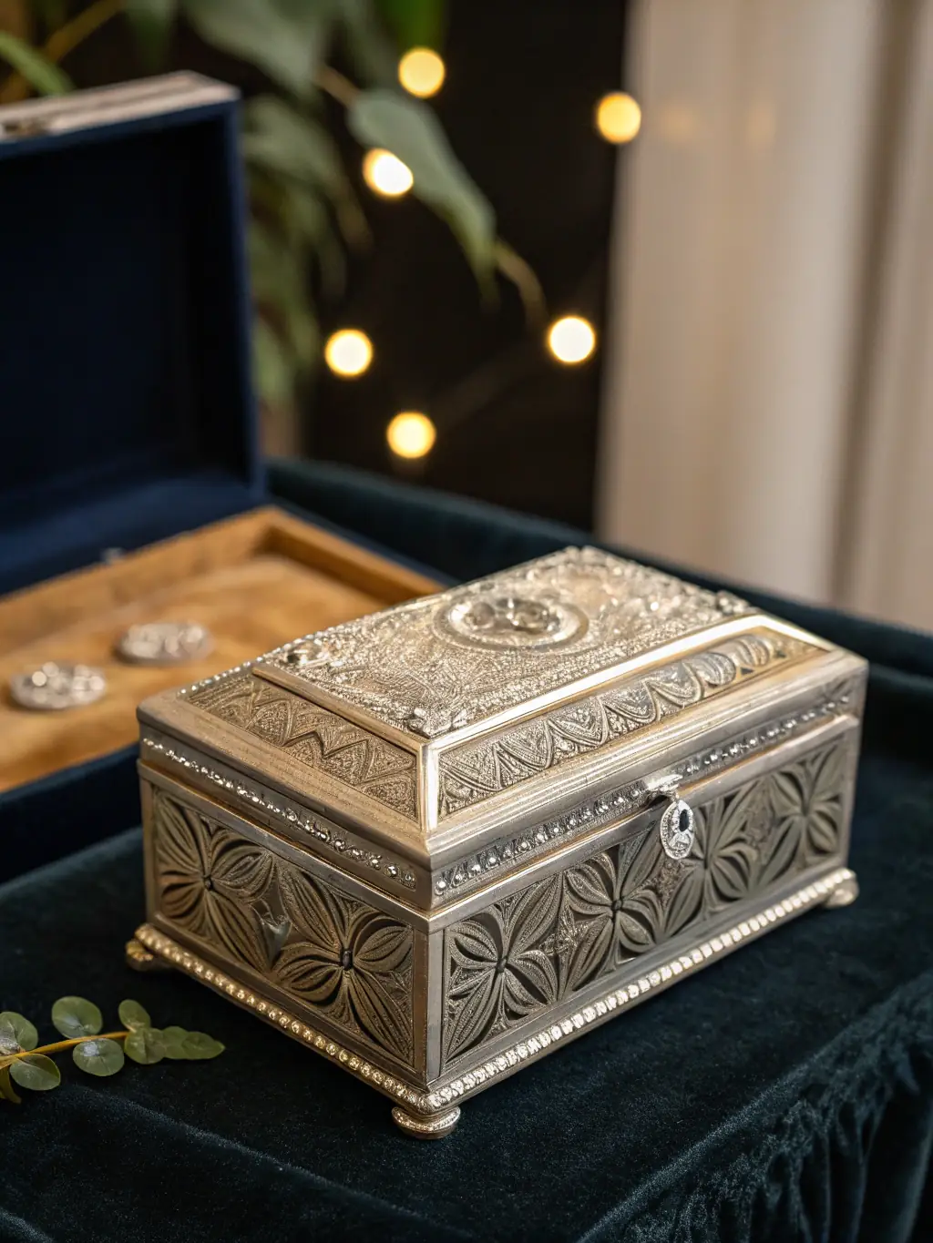 A handcrafted wooden jewelry box featuring intricate carvings of intertwined dragons and phoenixes, symbolizing the balance and harmony of a loving partnership, displayed on a dark wood surface.