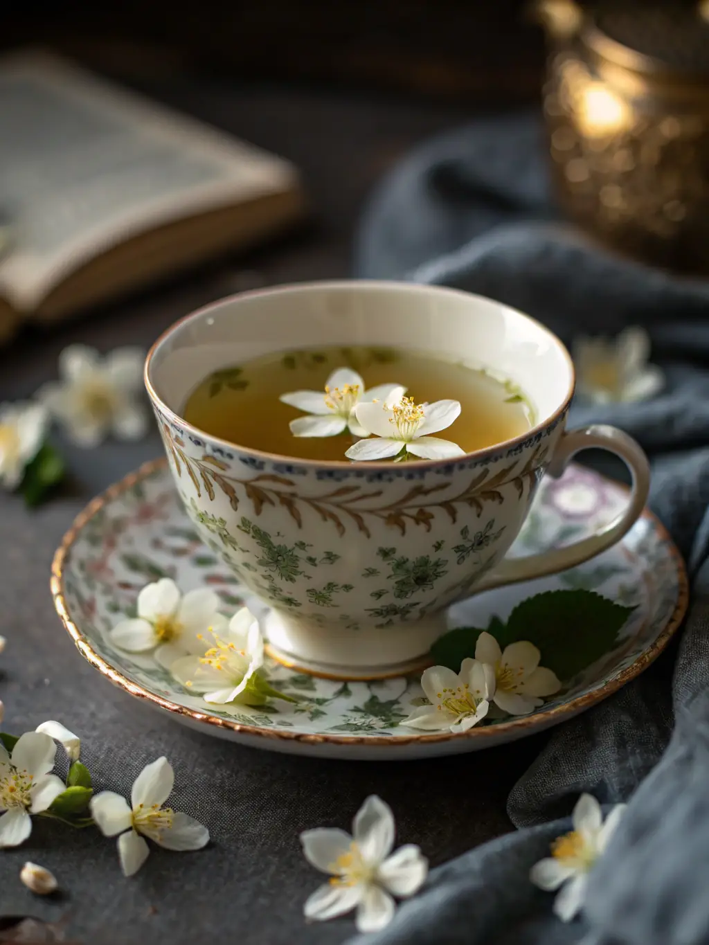A delicate porcelain teacup and saucer set adorned with peony flowers, representing romance and prosperity, arranged on a traditional Chinese tea table with a teapot.