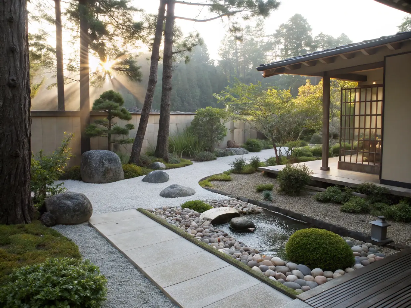 A serene image of a miniature Zen garden with carefully raked sand, smooth stones, and a small bonsai tree, evoking a sense of balance and mindfulness.