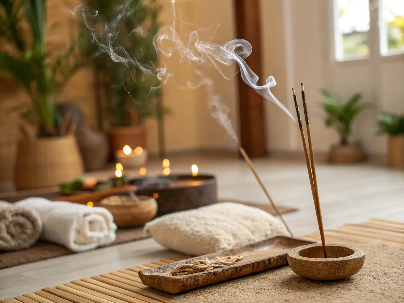 A photograph of a handcrafted ceramic incense holder in the shape of a lotus flower, with delicate smoke gently rising from burning incense, creating a calming and aromatic atmosphere.
